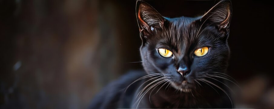 A close-up of a mysterious black cat with golden eyes, capturing the beauty and elegance of feline grace in natural light.