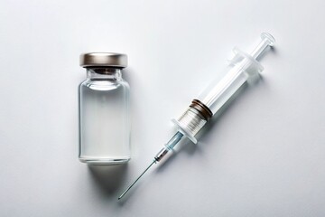 High angle view of vaccine bottle and syringe on white background with space for text