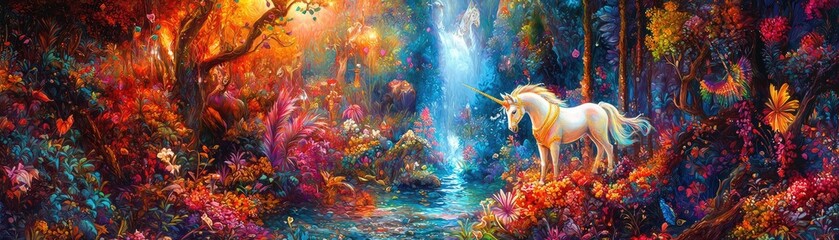 A mystical forest scene featuring a unicorn by a shimmering stream, surrounded by vibrant flowers and enchanting colors.