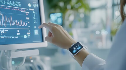 Close up detailed view of a modern wearable health tracking device with digital display monitoring and measuring a person s vital statistics and biometric data for fitness and wellness purposes