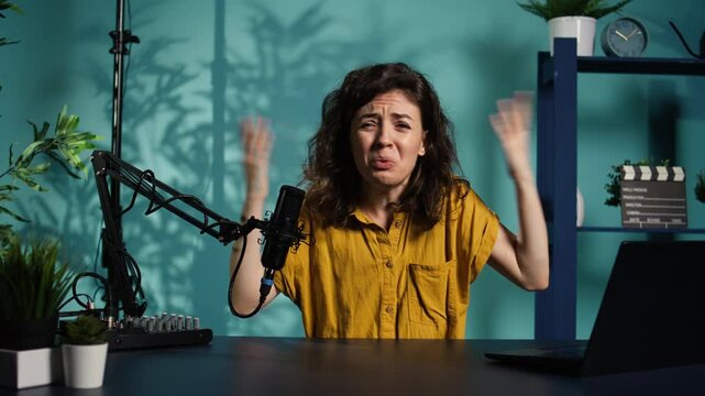 Streamer feeling upset, sharing concerning story during live broadcast, talking to audience. Annoyed media star talking with viewers, ranting and arguing with subscribers online, camera B