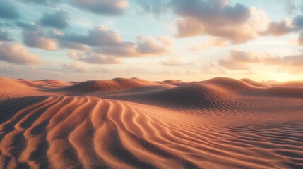 A scenic view of rolling sand dunes in a desert landscape at sunset. The golden light illuminates the sandy terrain, creating a sense of tranquility and vastness.