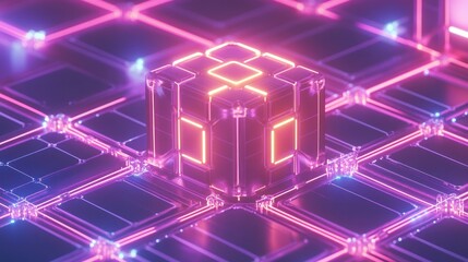 Fototapeta premium A glowing cube surrounded by a vibrant, neon grid, evoking a futuristic digital landscape.