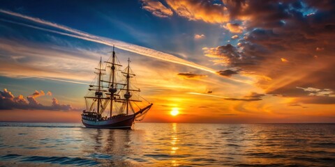Old ship sailing in the sea at sunset, ship, boat, vintage, sailing, ocean, sunset, water, sky, clouds, journey, adventure