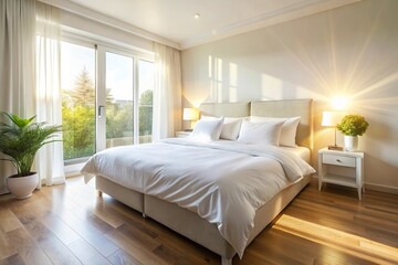 High angle view of white bed in bedroom illuminated by morning sunlight