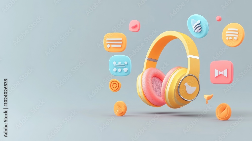 Poster Colorful headphones surrounded by app icons representing music and audio features.