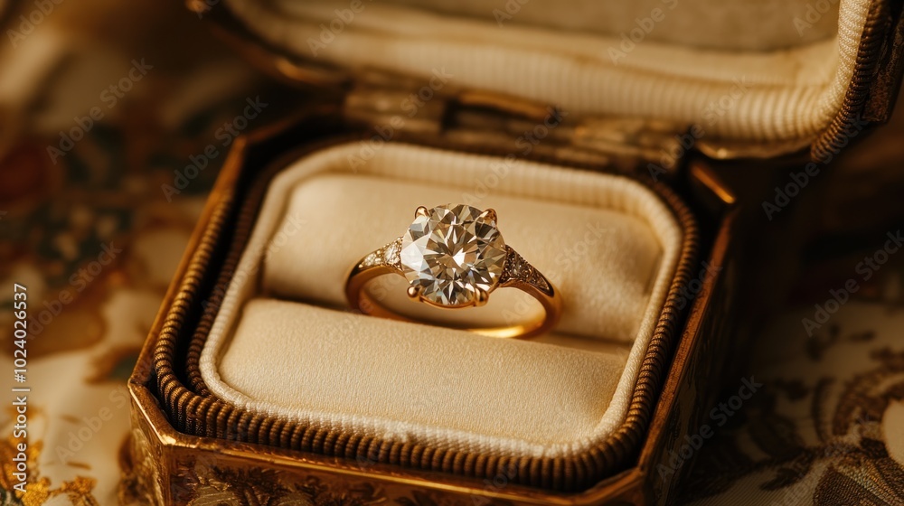 Poster A diamond engagement ring displayed in an ornate box, symbolizing love and commitment.