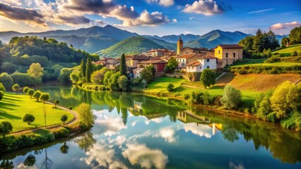 Fototapeta premium A serene landscape in Olot, Spain , Nature, tranquility, mountains, trees, forests, countryside, peaceful, scenic