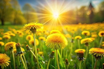 Fototapeta premium High angle view of yellow dandelions in a meadow with morning sun rays