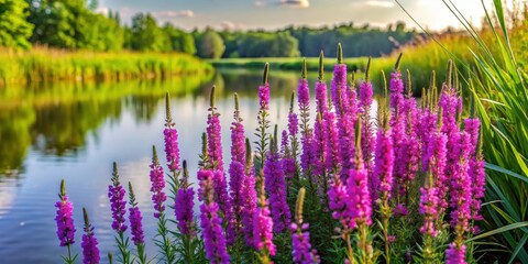 Naklejka premium Vibrant violet loosestrife flowers in full bloom along a serene riverbank amidst tall reeds , violet, inflorescences