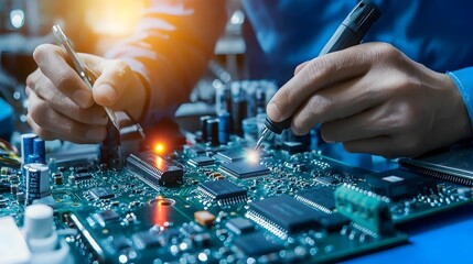 Skilled Technician Meticulously Repairing Advanced Circuit Board in Cutting Edge Laboratory  Expert Technician Troubleshooting and Servicing Complex Electronic Equipment in Modern Research Facility