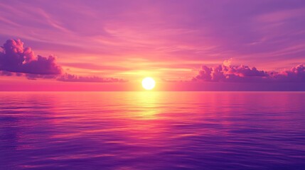 A vibrant sunset over a calm ocean with a pink and orange sky.