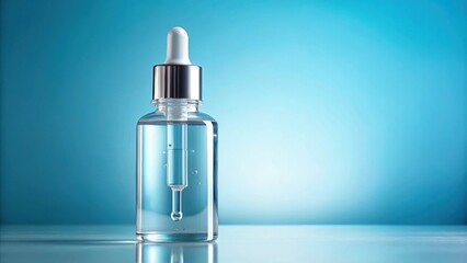 Glass cosmetic bottle with pipette on blue background, anti aging serum with collagen and peptides