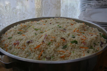 A vibrant and hearty plate of traditional Sri Lankan rice and curry, showcasing a variety of colorful vegetables, spiced curries, and fragrant rice. A perfect representation of Sri Lankan cuisine