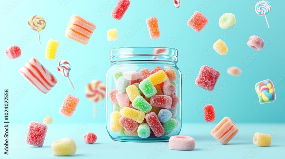 Poster A glass jar filled with colorful candies, surrounded by floating sweets against a blue background.