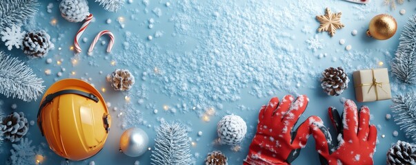 Festive Winter Safety: 3D Illustration of Snowy Background with Christmas Accents and Protective Gear