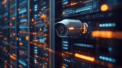 Obraz premium A surveillance camera positioned among server racks, emphasizing security in technology environments.