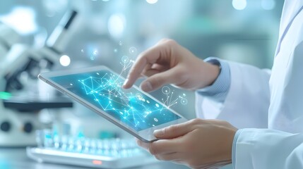 Scientist or researcher working with a digital touchscreen display in a clean high tech and modern laboratory environment exploring data