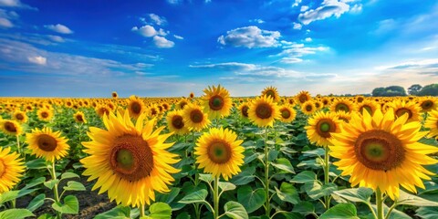 Fototapeta premium Vibrant sunflower field under clear blue sky, sunflowers, field, nature, yellow, summer, agriculture, farm, countryside, growth