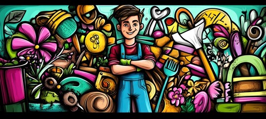 Fototapeta premium A cheerful gardener stands amidst colorful gardening tools and plants, celebrating nature.