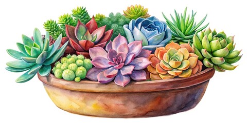Fototapeta premium High angle watercolor painting of colorful fresh plants and succulents in flowerpot