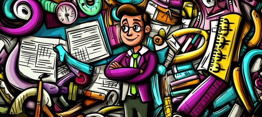A cheerful character surrounded by colorful office supplies and papers, symbolizing organization.