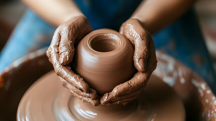 Close up view of a skilled artisan s hands meticulously sculpting and shaping clay on a spinning pottery wheel in a creative studio workspace