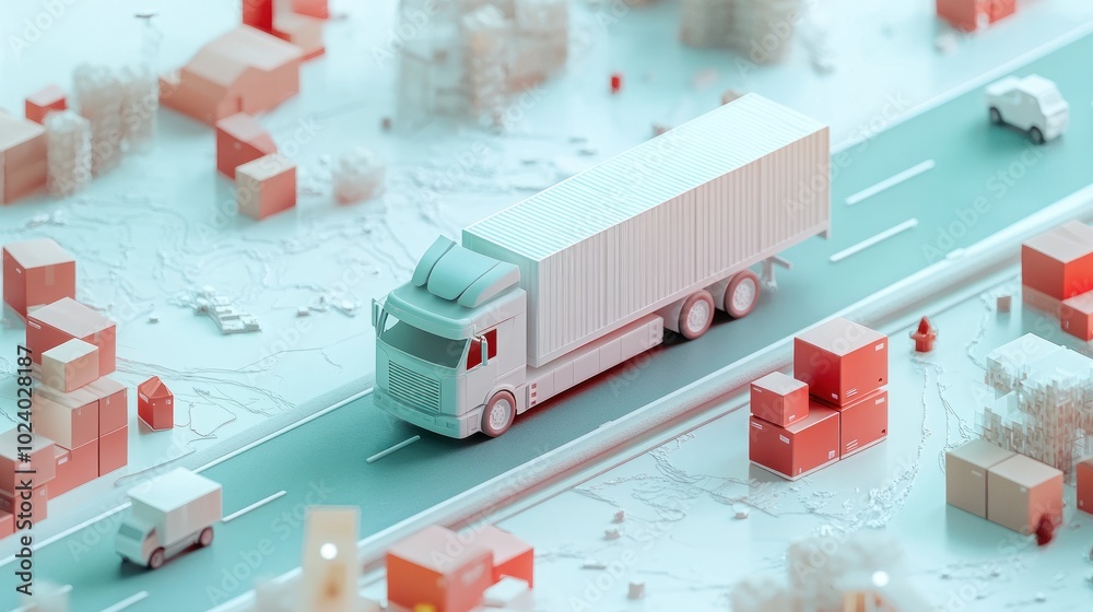 Wall mural A stylized truck navigating a minimalist landscape with buildings and packages.