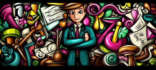 Fototapeta premium A colorful illustration featuring a confident individual among various legal and academic symbols.
