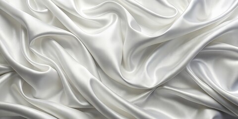Fototapeta premium High angle white silk satin fabric texture background with smooth wave pattern