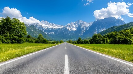 Naklejka premium Vast winding asphalt road stretching through a lush verdant forest landscape with towering mountains in the background under a bright blue sky A serene