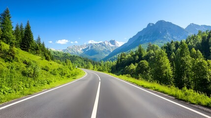 Winding asphalt road stretching towards a majestic mountain landscape surrounded by dense green forests under a clear serene blue sky  This scenic and futuristic vista offers a dynamic perspective