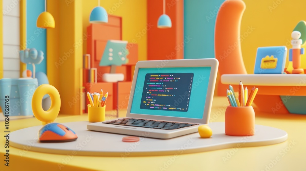 Canvas Prints A colorful workspace featuring a laptop with coding on the screen and vibrant decor.