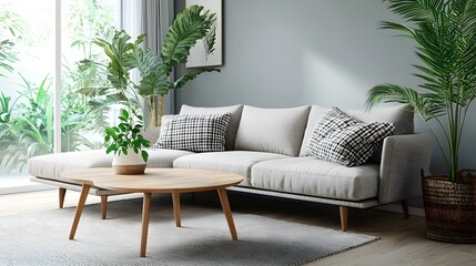 Elegant modern open concept living room featuring a modular sofa wooden coffee tables plaid accent pillows and lush tropical plants showcasing a neutral cozy and technology infused ambiance