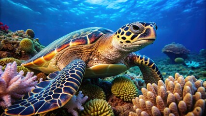 A close-up image of a Hawksbill Turtle resting on a coral reef , marine life, endangered species, sea turtle, underwater