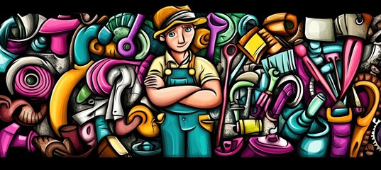 A colorful illustration of a smiling worker surrounded by various tools and equipment.