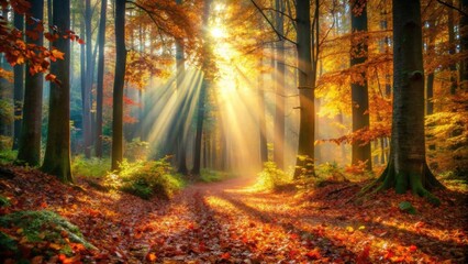 Fototapeta premium Magical forest scene with sunlight streaming through trees, illuminating autumn leaves on the forest floor , Magical, forest