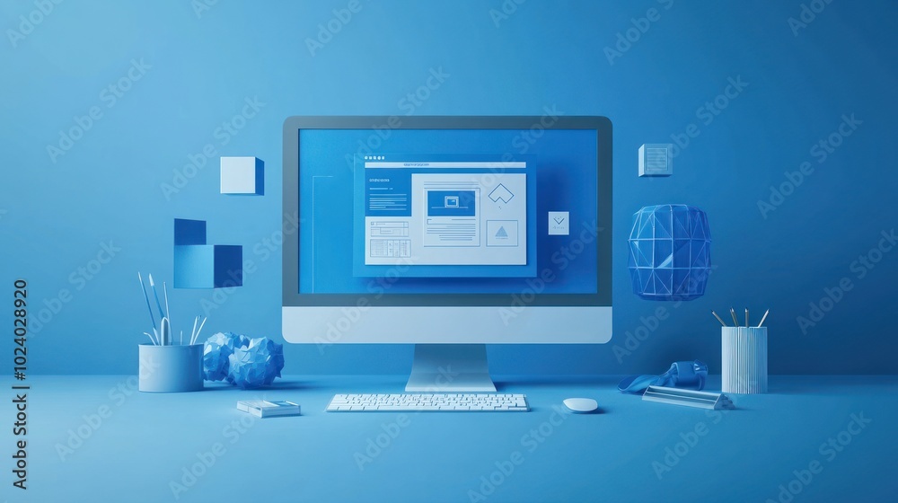 Fototapete a modern computer setup with a blue theme, showcasing a user interface design.