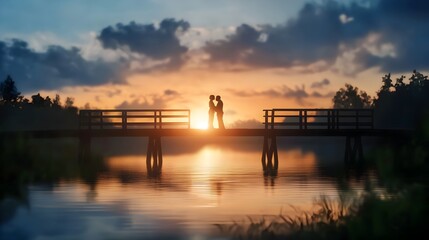 Obraz premium Loving couple embracing and sharing a tender kiss on a bridge during a beautiful sunset The romantic silhouette scene is reflected in the calm water below