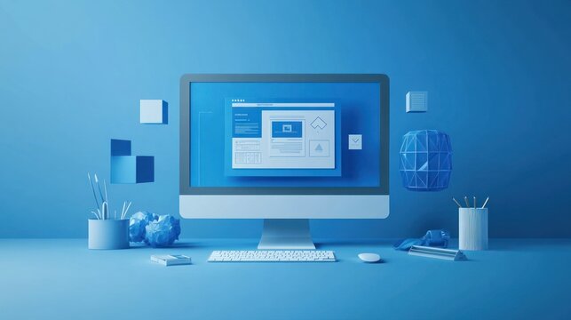 A modern computer setup with a blue theme, showcasing a user interface design.