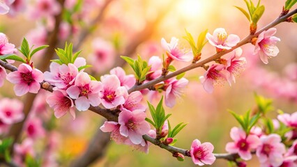High definition wallpaper of a peach branch with flowers and leaves