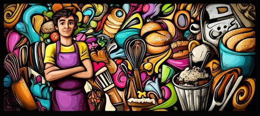 Fototapeta premium A colorful illustration featuring a young baker surrounded by various baked goods and kitchen tools.