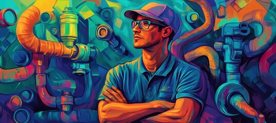 A colorful illustration of a thoughtful worker surrounded by pipes and machinery.