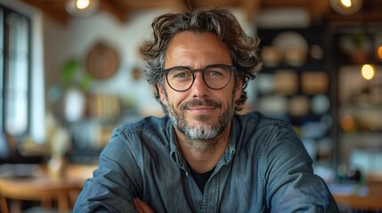 Fototapeta premium Confident man with glasses in a cozy cafe setting