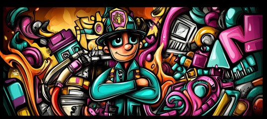 A colorful character stands confidently amidst a vibrant, abstract background filled with shapes.