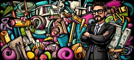 Fototapeta premium A businessman stands confidently amidst a chaotic array of colorful objects and tools.