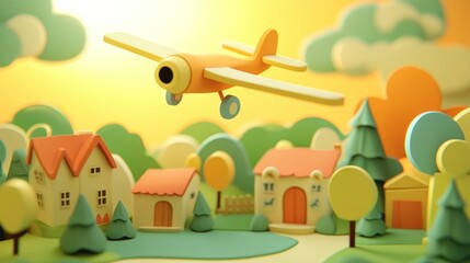A colorful scene featuring a toy airplane flying over a whimsical village landscape.