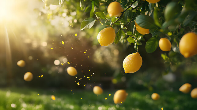 Beautiful yellow lemons falling mid-air with motion blur in a lush green garden with sunlight filtering through leaves
