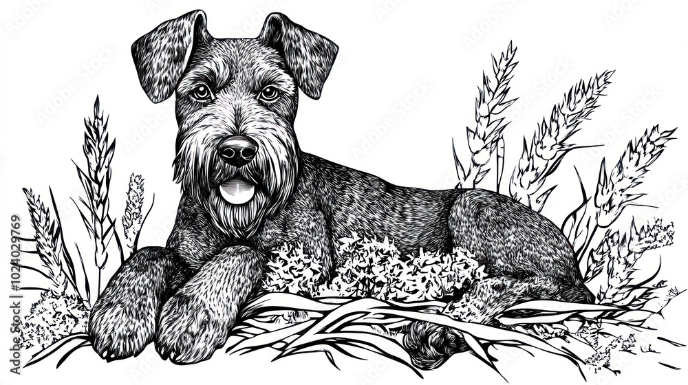 Sticker A detailed illustration of a dog resting among plants and flowers.