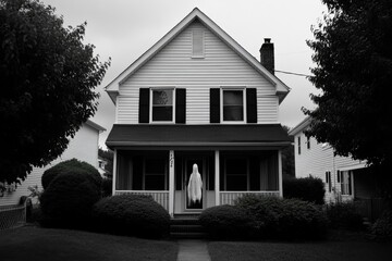 Abandoned house in a suburban neighborhood, with dark shadows gathering in the corners, and a faint, ghostly figure seen through the window